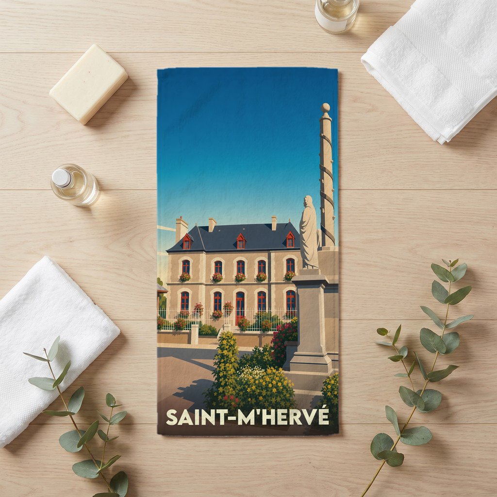 Serviette de bain souvenir de la ville de Saint-M'Hervé avec une illustration stylisée.