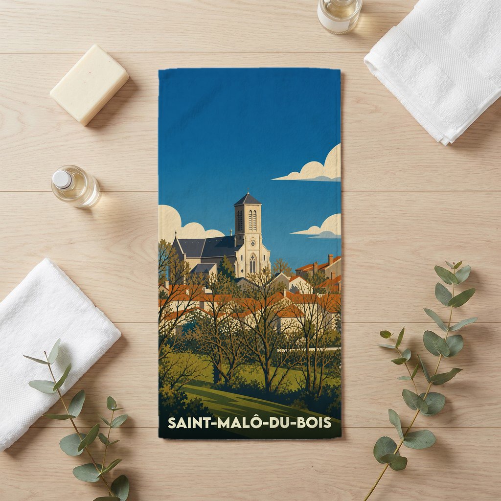 Serviette de bain souvenir de Saint-Malô-du-Bois ornée d'une illustration stylisée de son église et de ses toits.
