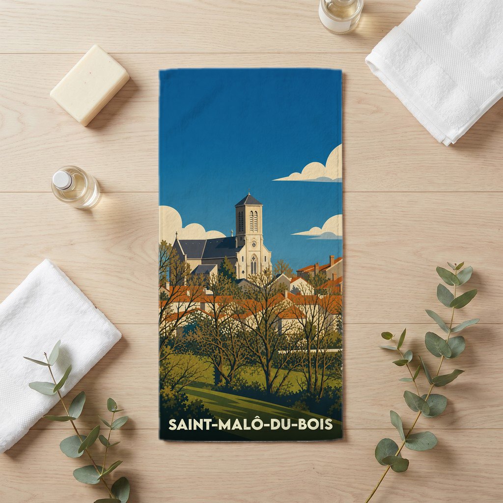 Serviette de bain souvenir de Saint-Malô-du-Bois avec une illustration stylisée de son église et de ses toits.