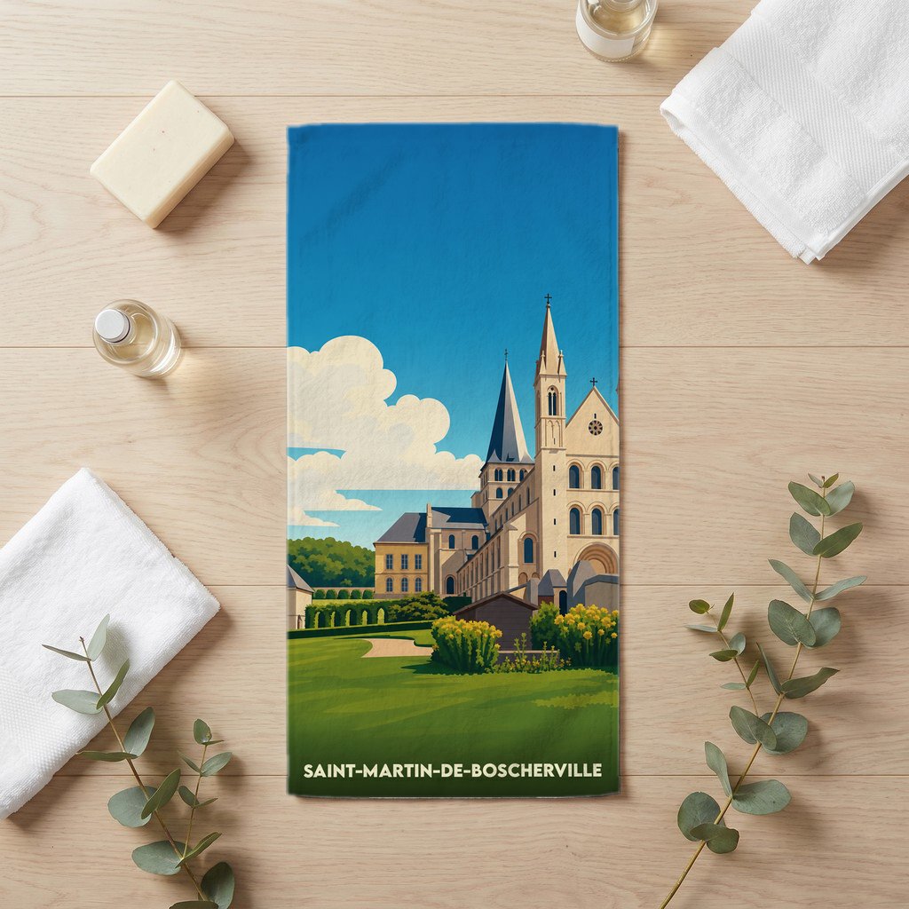 Serviette de bain souvenir de Saint-Martin-de-Boscherville avec une illustration stylisée de son abbaye.
