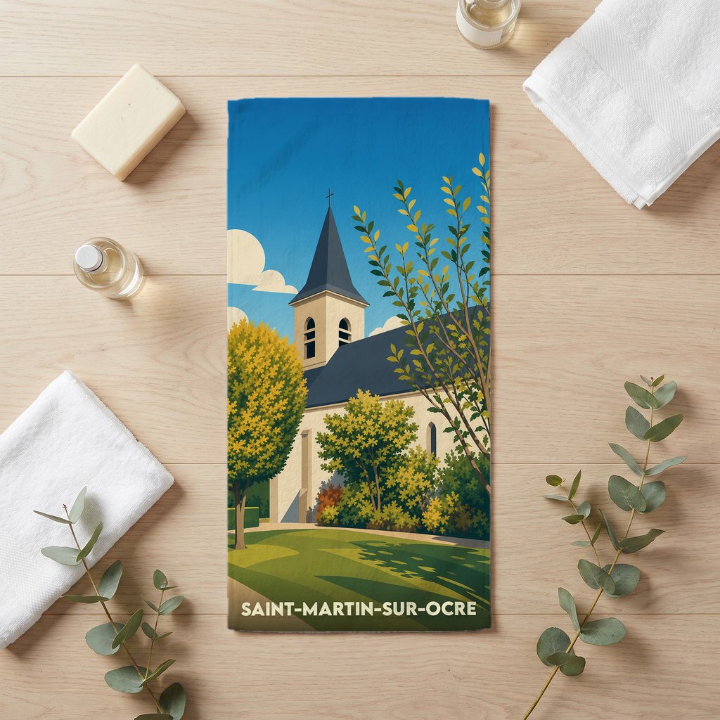 Serviette de bain souvenir de Saint-Martin-sur-Ocre avec une illustration stylisée de son église.