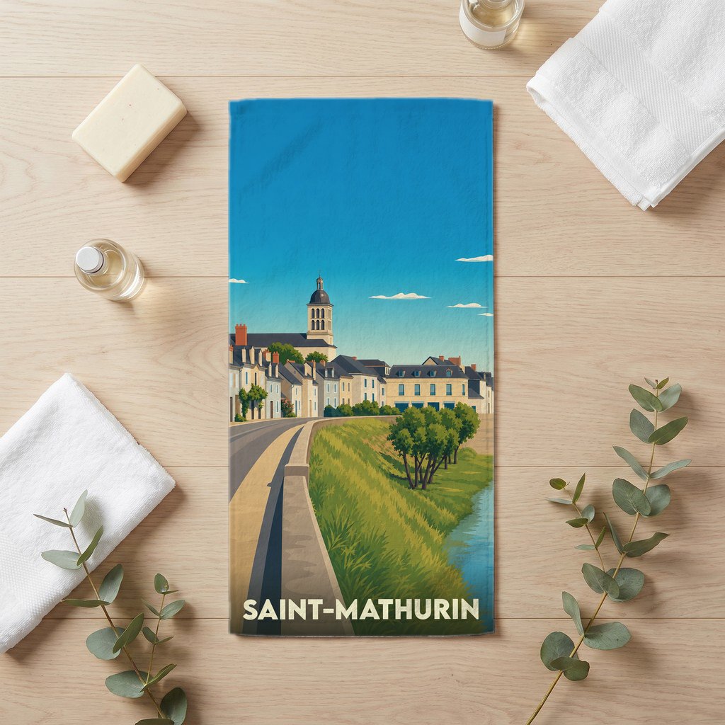 Serviette de bain souvenir de la ville de Saint-Mathurin avec une illustration stylisée.