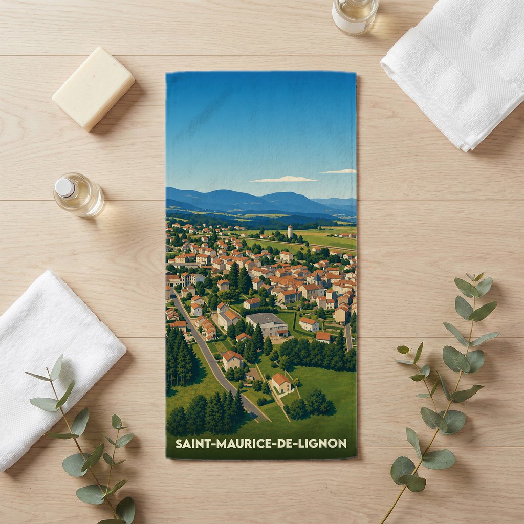 Serviette de bain souvenir de Saint-Maurice-de-Lignon illustrée d'une vue panoramique stylisée de la ville.