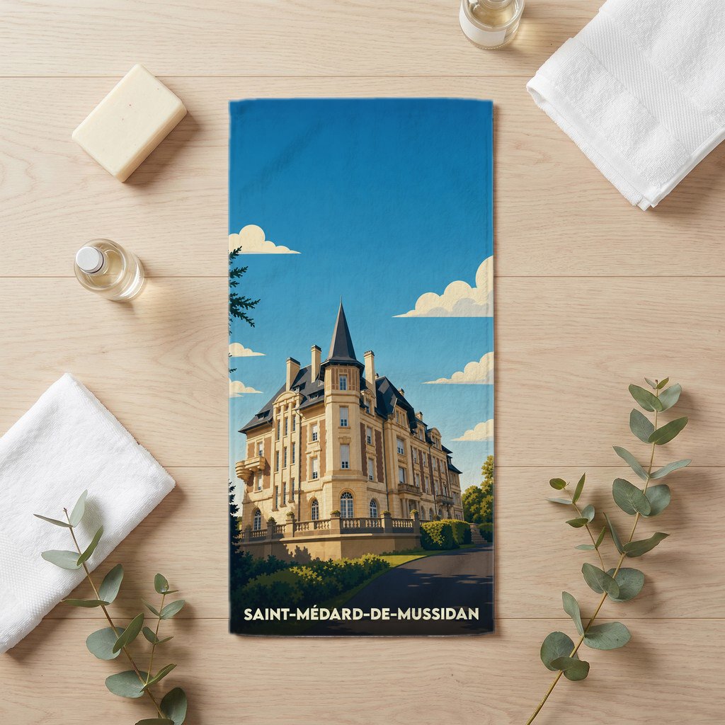 Serviette de bain souvenir de Saint-Médard-de-Mussidan illustrée d'un château majestueux sous un ciel bleu.