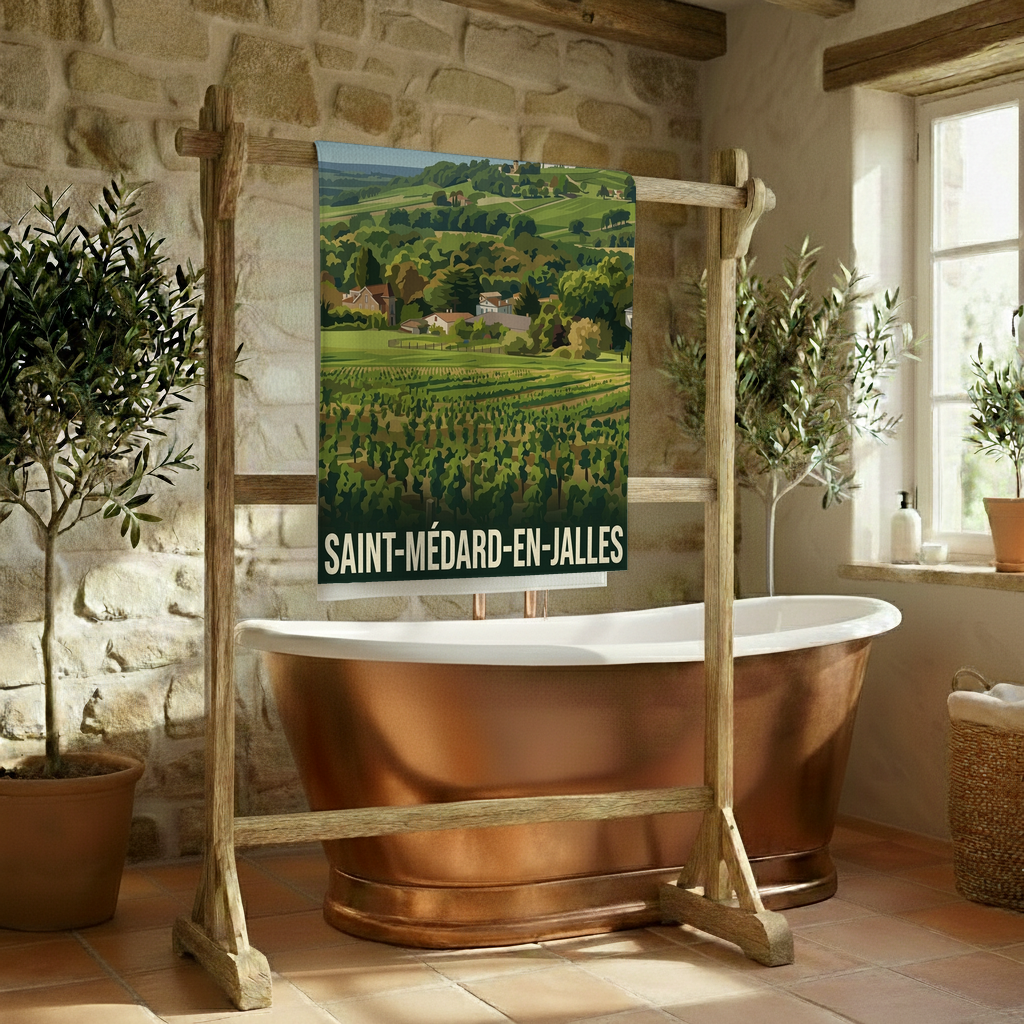 Serviette de bain souvenir de la ville de Saint-Médard-en-Jalles avec une illustration paysagère stylisée.