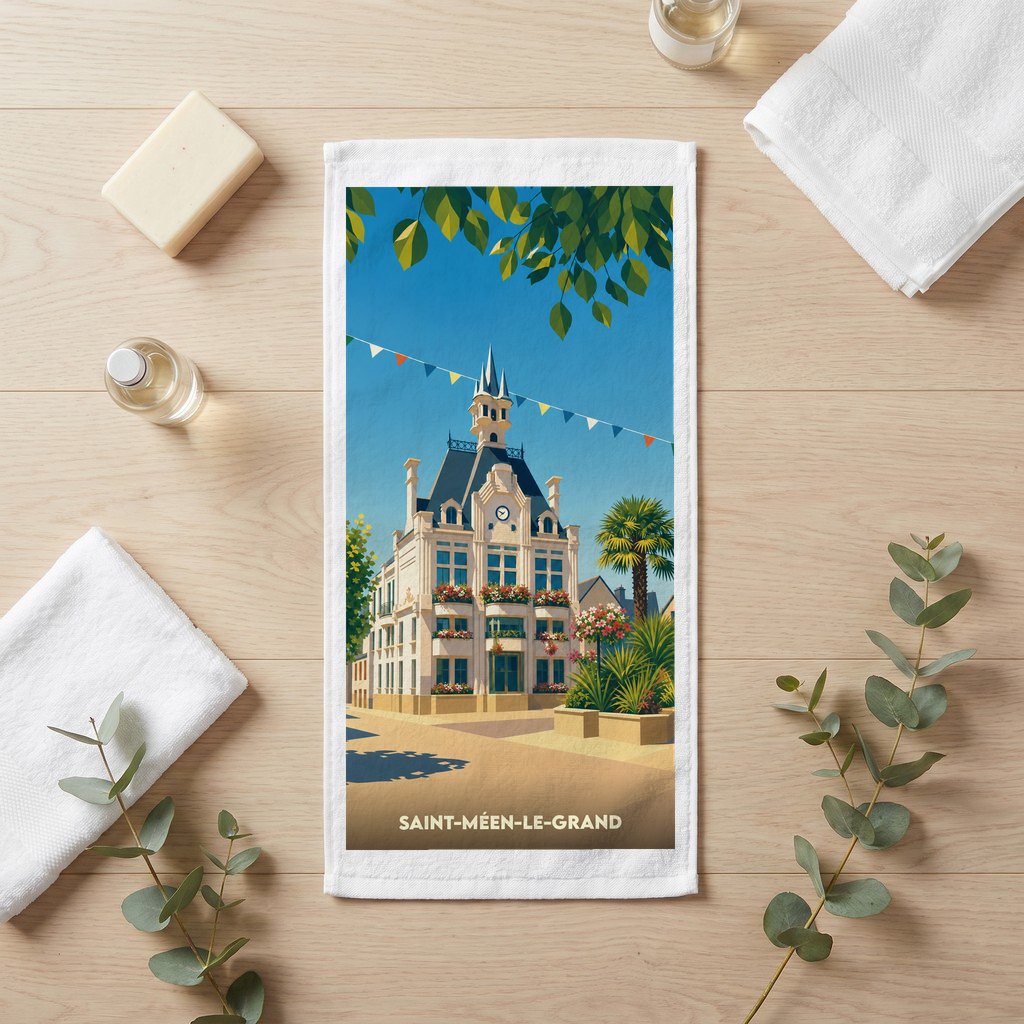 Serviette de bain souvenir de la ville de Saint-Méen-le-Grand avec une illustration stylisée.