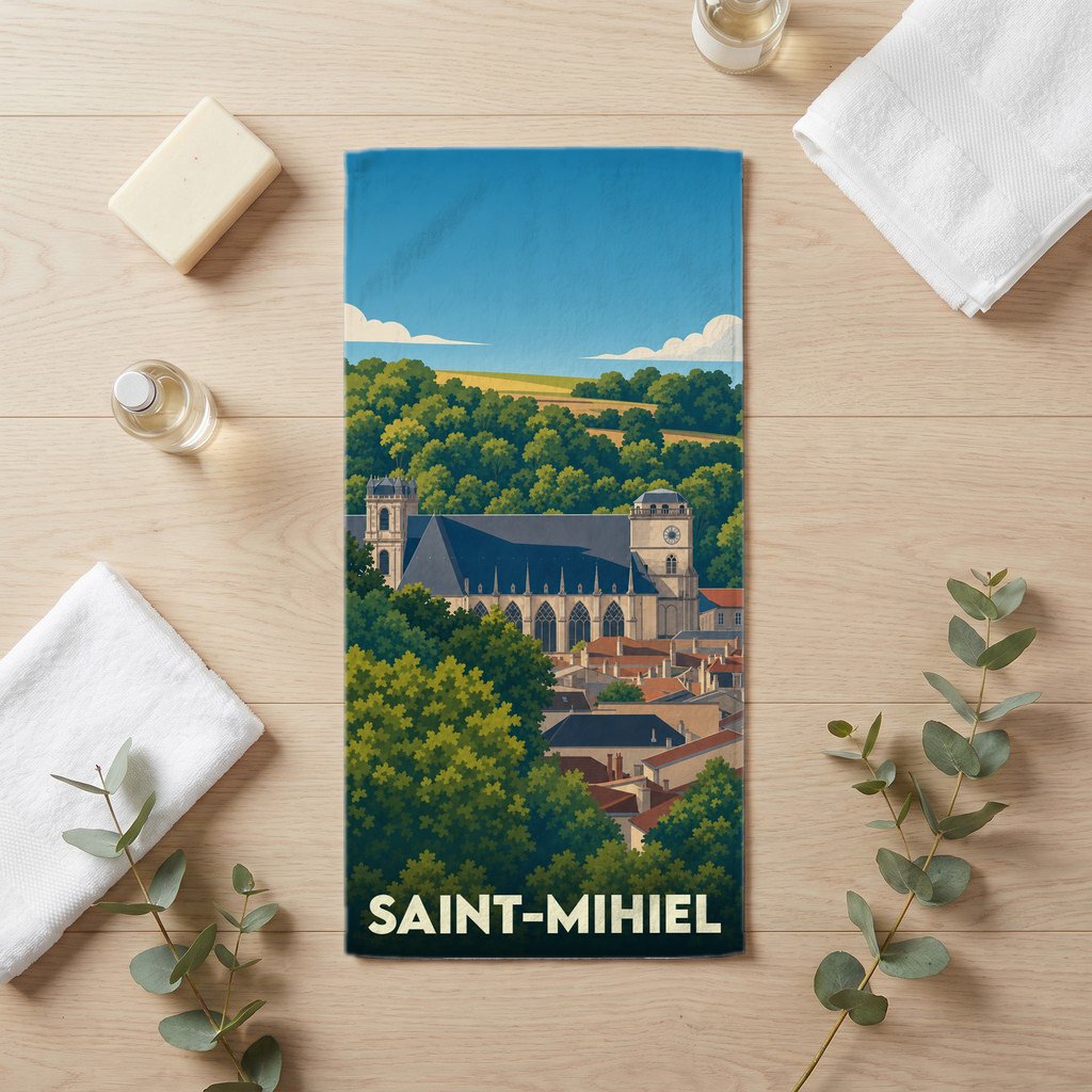 Serviette de bain souvenir de la ville de Saint-Mihiel avec une illustration stylisée.