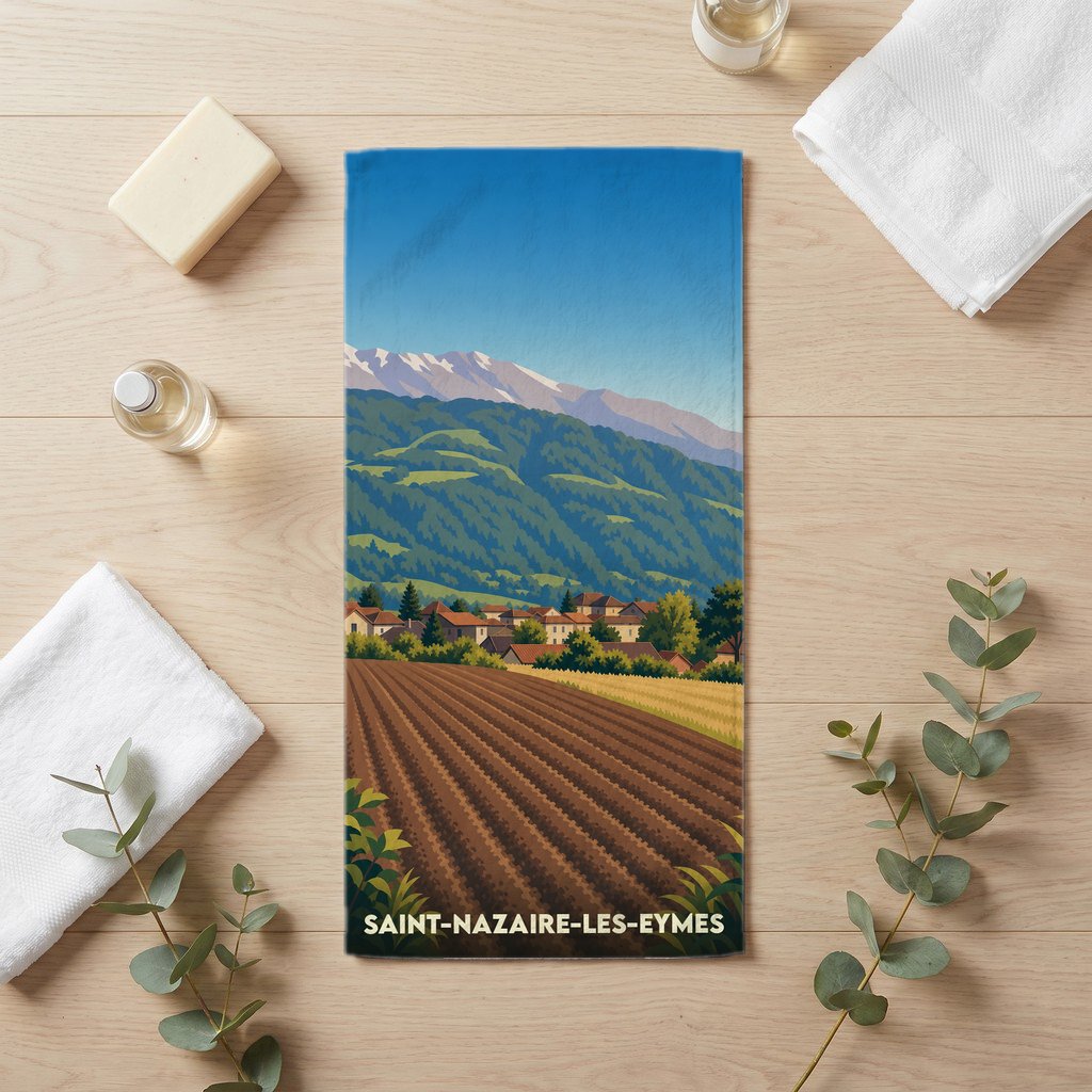Serviette de bain souvenir de Saint-Nazaire-les-Eymes avec une illustration stylisée d'un paysage de montagne.