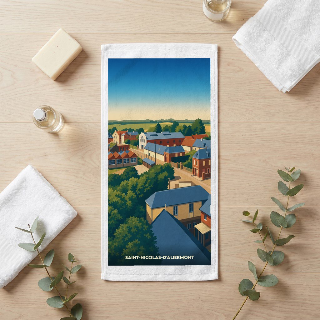 Serviette de bain souvenir de Saint-Nicolas-d'Aliermont illustrée par une vue panoramique stylisée de la ville.