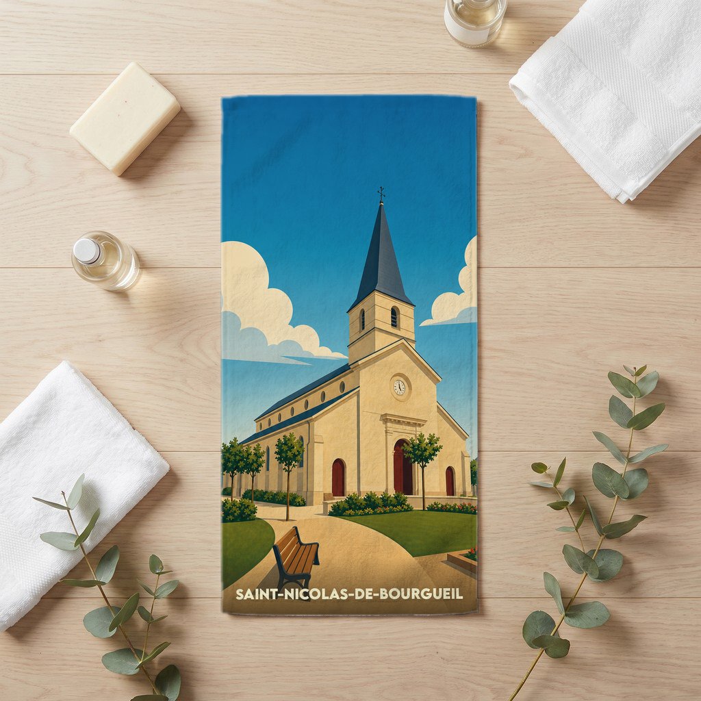 Serviette de bain souvenir de Saint-Nicolas-de-Bourgueil avec une illustration stylisée de son église.