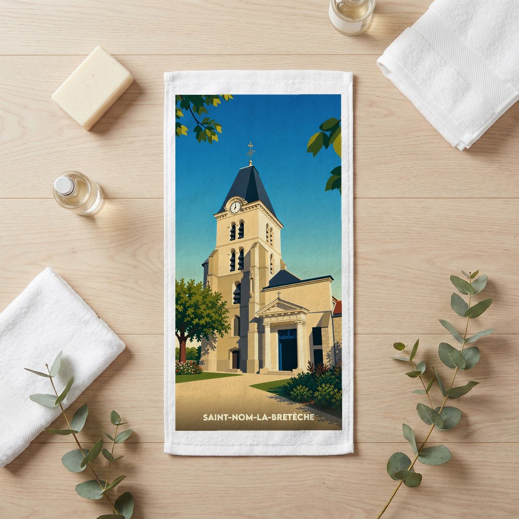 Serviette de bain souvenir de la ville de Saint-Nom-la-Bretèche avec une illustration stylisée de son église.