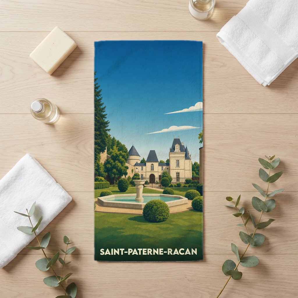 Serviette de bain souvenir de la ville de Saint-Paterne-Racan avec une illustration stylisée d'un château et d'un jardin.