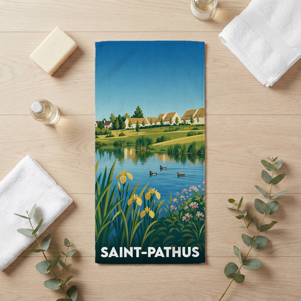 Serviette de bain souvenir de la ville de Saint-Pathus avec une illustration stylisée d'un paysage lacustre.
