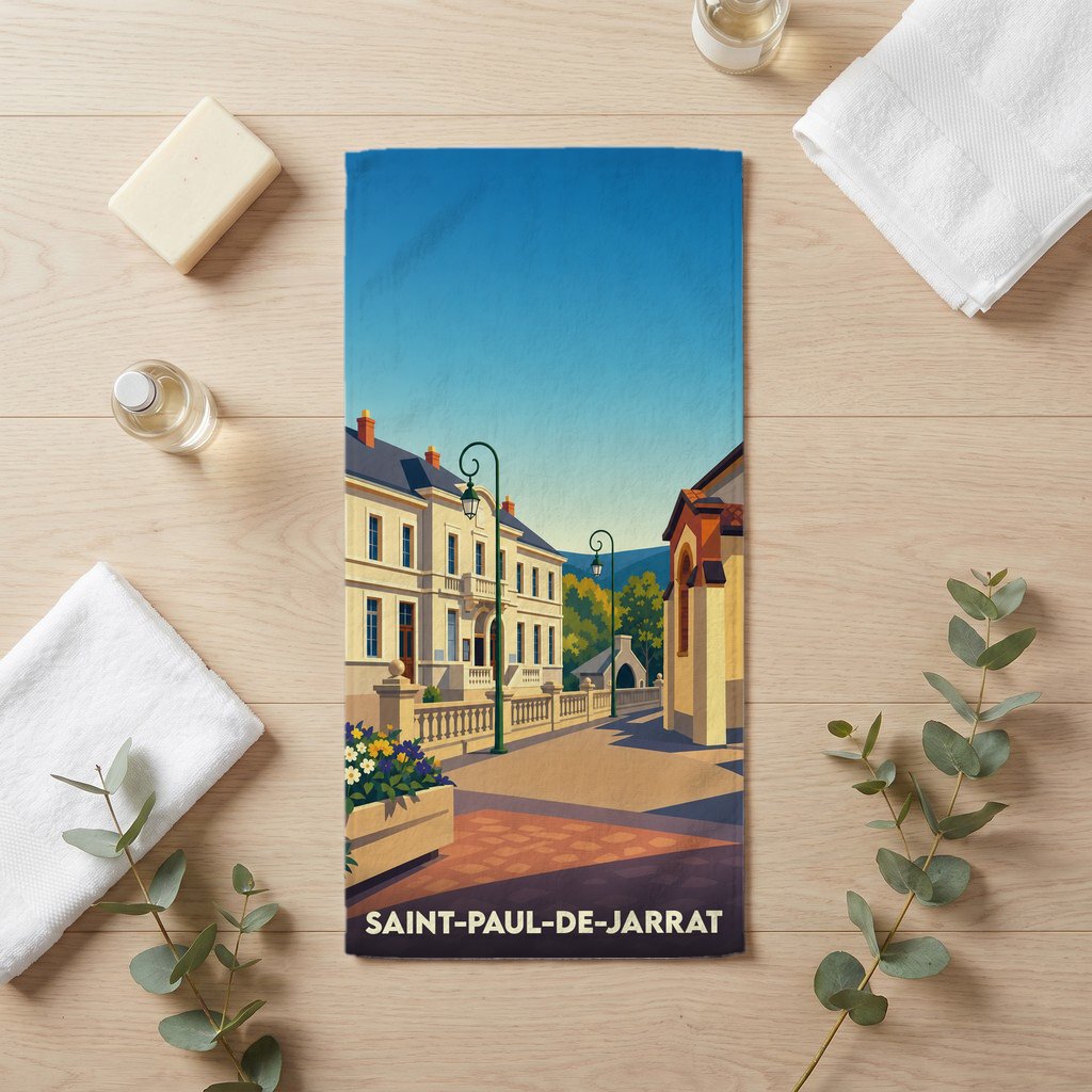 Serviette de bain souvenir de Saint-Paul-de-Jarrat avec une illustration stylisée de la ville.