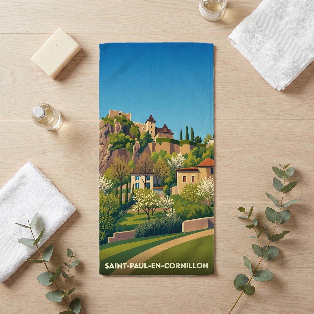 Serviette de bain souvenir de Saint-Paul-en-Cornillon avec une illustration stylisée du village.