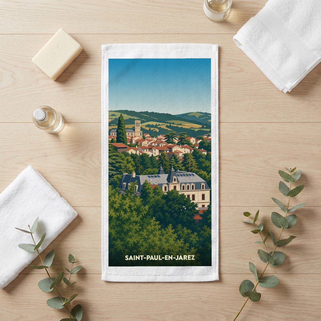 Serviette de bain souvenir de la ville de Saint-Paul-en-Jarez avec une illustration stylisée.