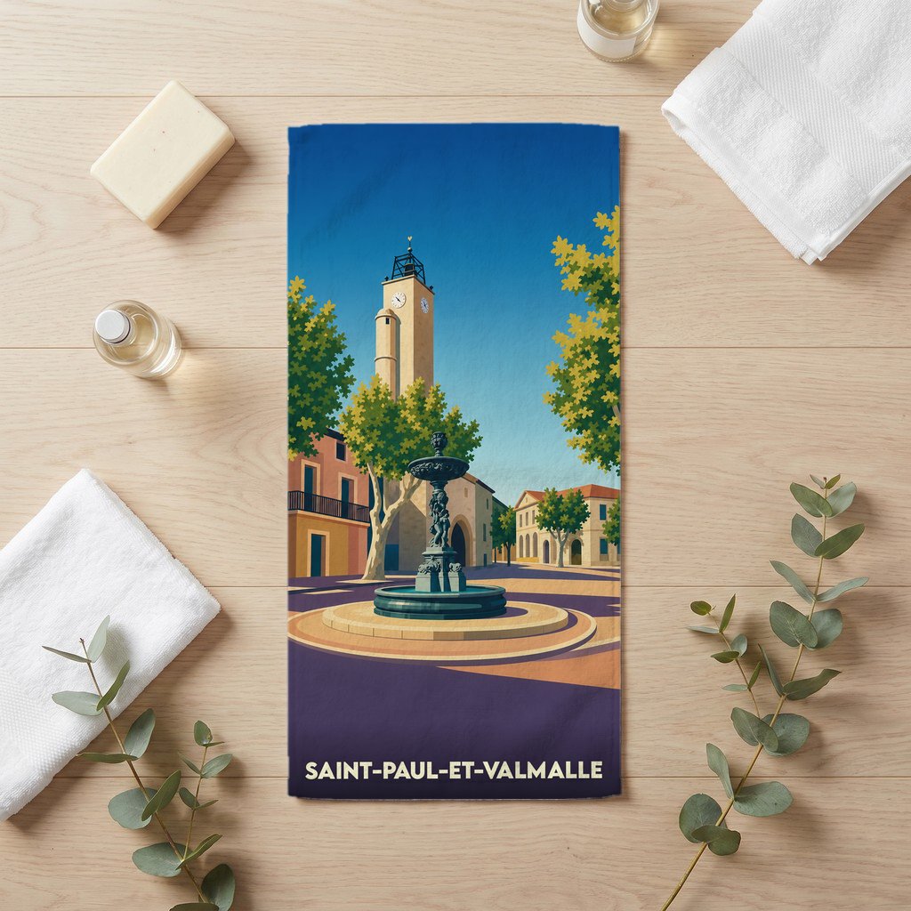 Serviette de bain souvenir de Saint-Paul-et-Valmalle avec une illustration stylisée de sa place principale.