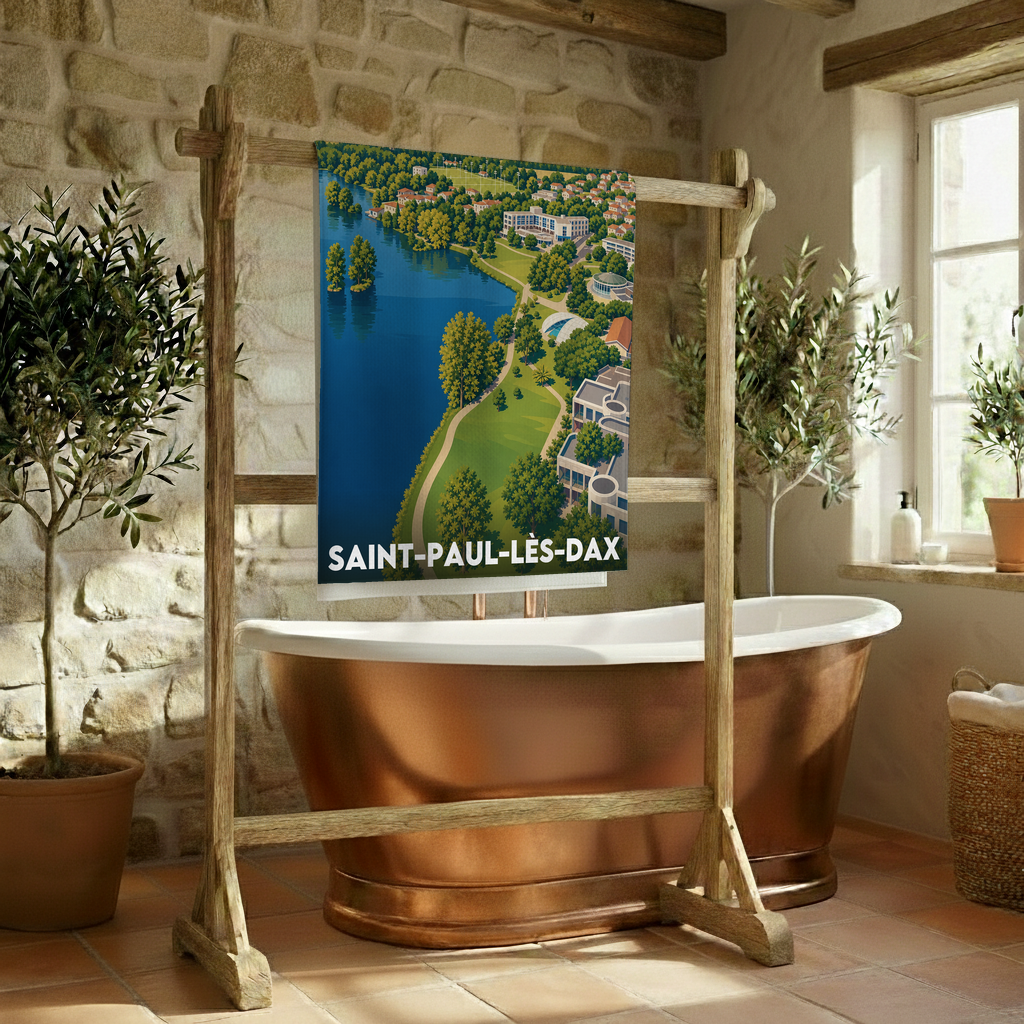 Serviette de bain souvenir de la ville de Saint-Paul-lès-Dax avec une illustration stylisée.