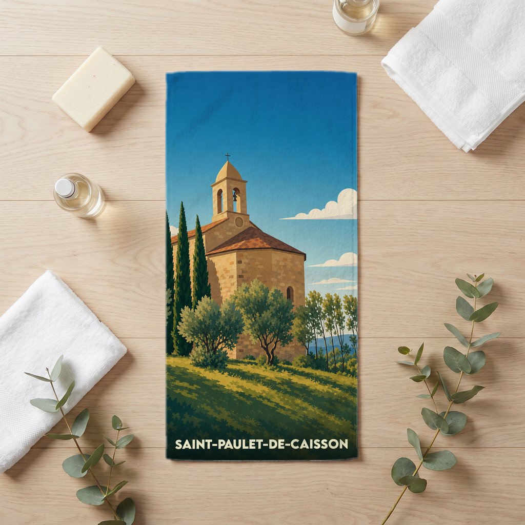 Serviette de bain souvenir de la ville de Saint-Paulet-de-Caisson illustrant une église provençale dans un style rétro.