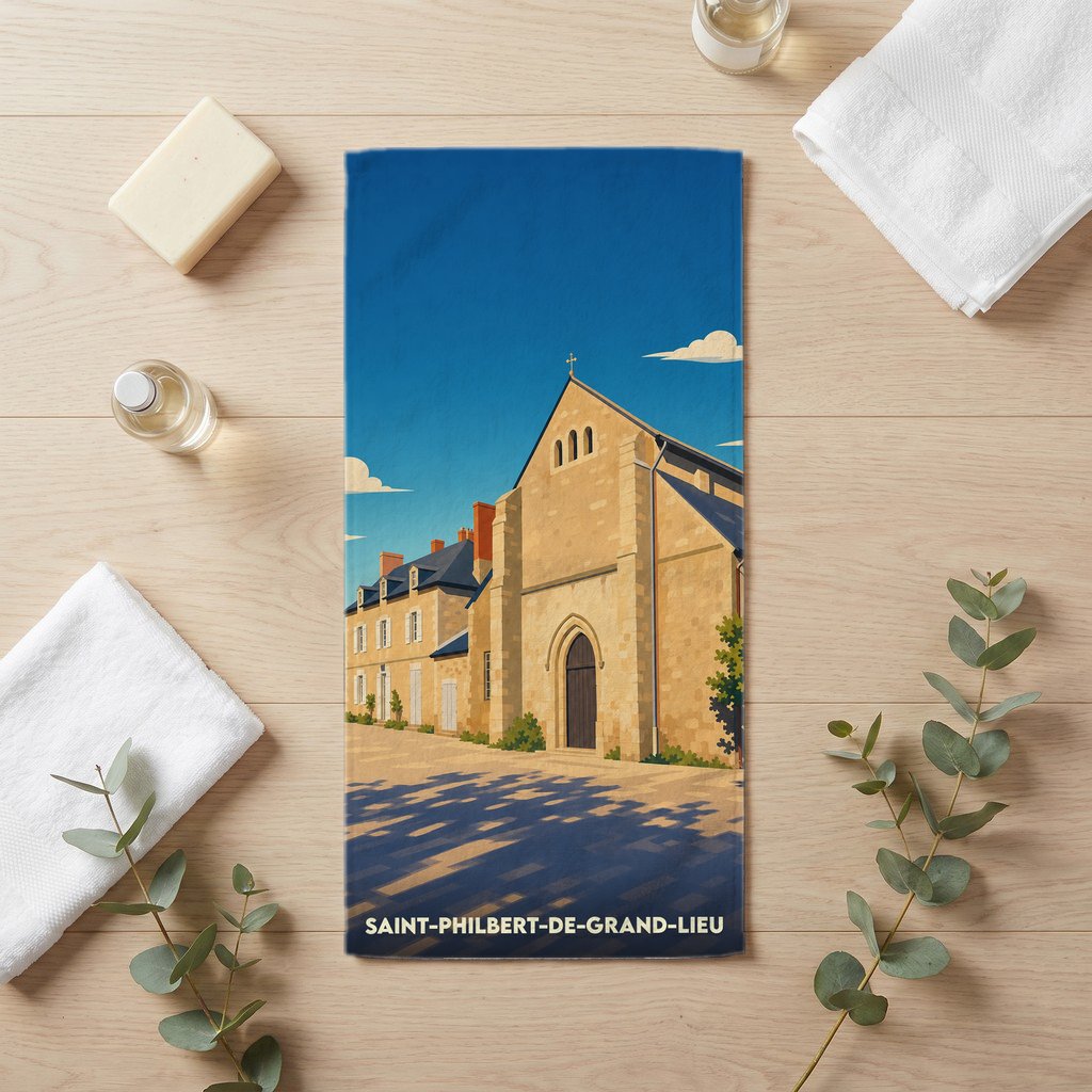 Serviette de bain souvenir de Saint-Philbert-de-Grand-Lieu ornée d'une illustration stylisée de son abbatiale.