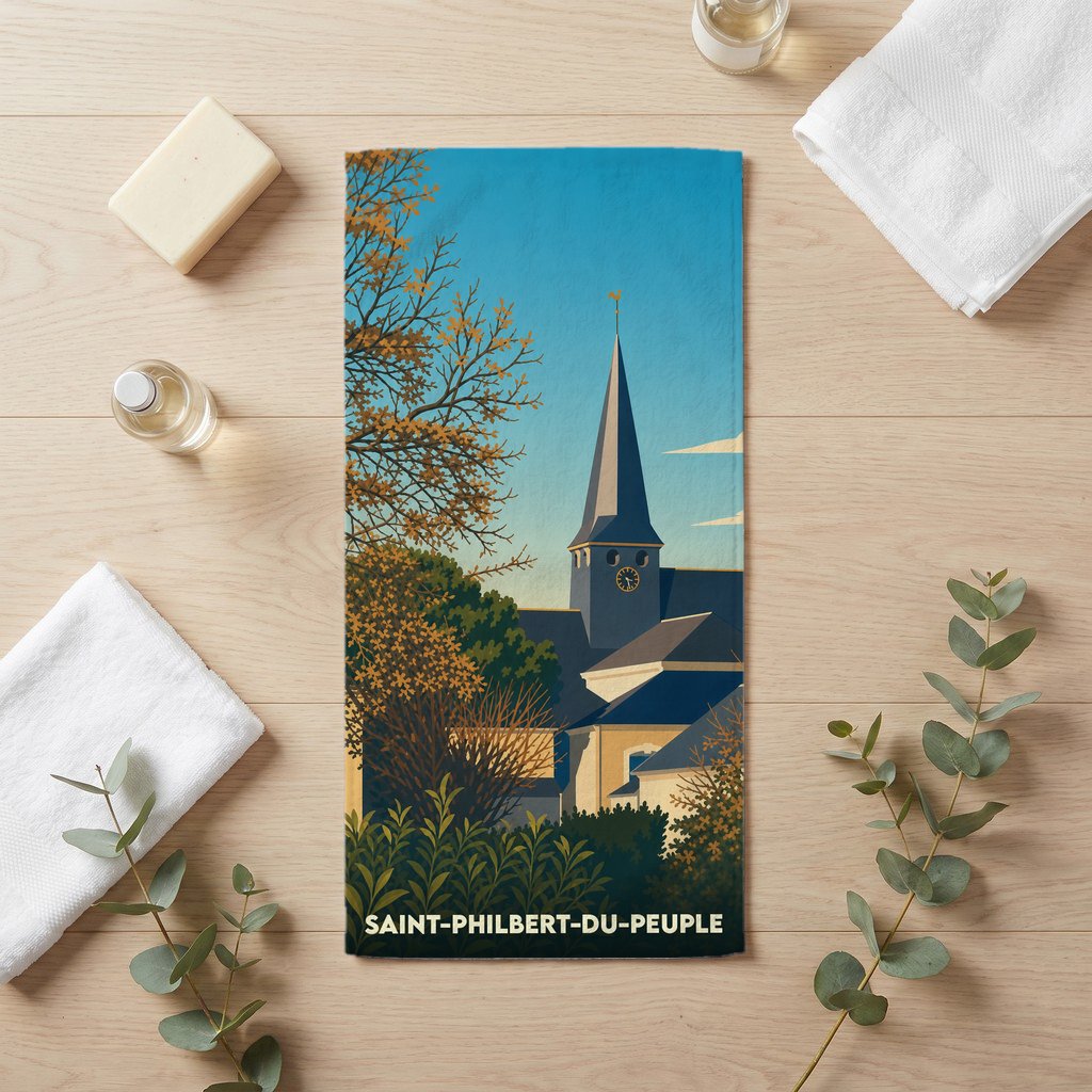 Serviette de bain souvenir de Saint-Philbert-du-Peuple avec une illustration stylisée de son église.