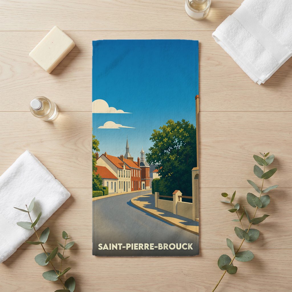 Serviette de bain souvenir de la ville de Saint-Pierre-Brouck avec une illustration stylisée.