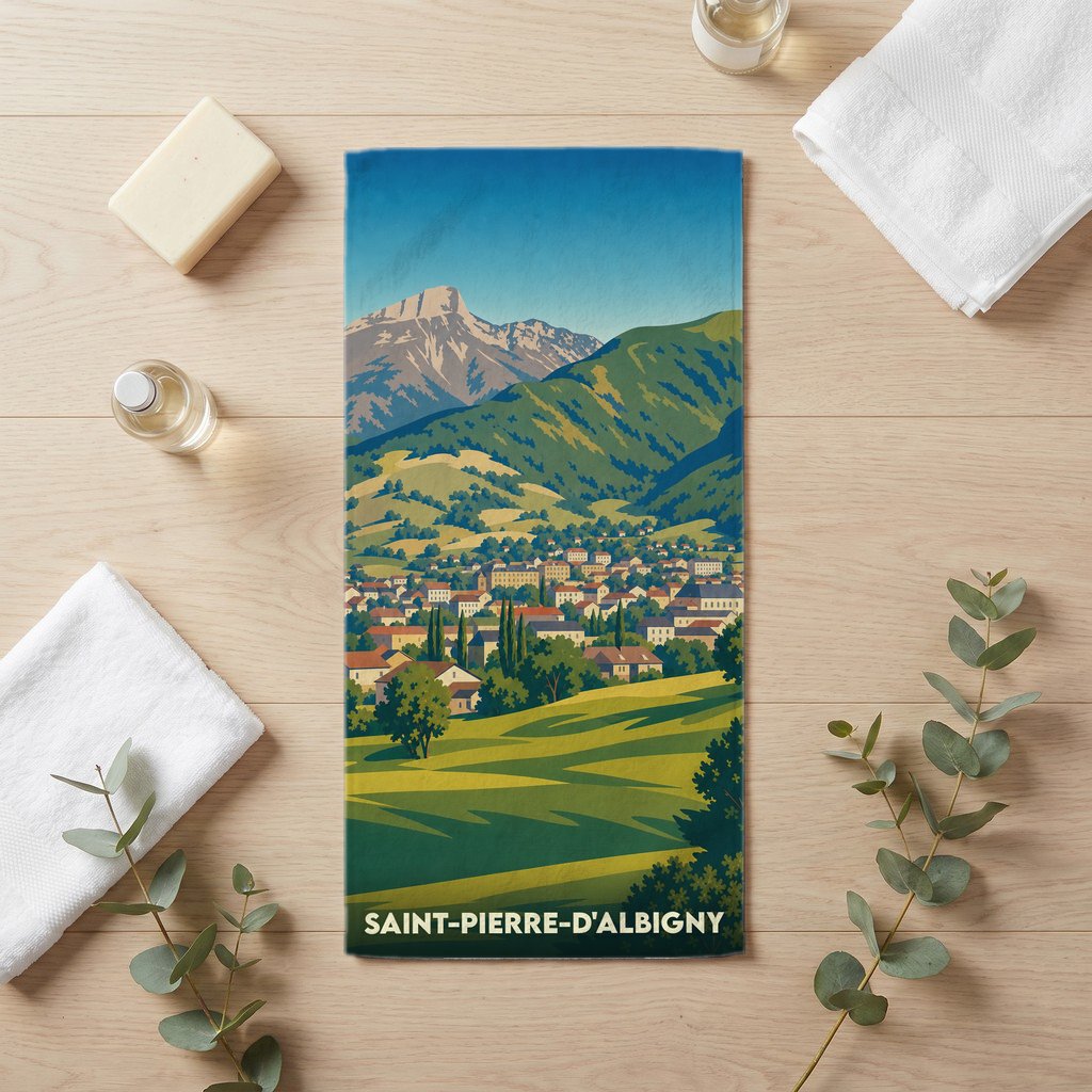 Serviette de bain souvenir de Saint-Pierre-d'Albigny avec une illustration stylisée d'un village de montagne.