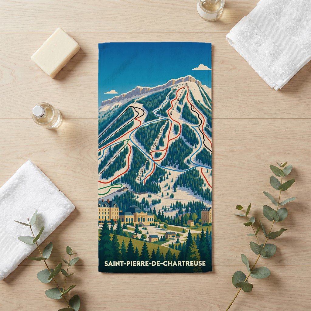 Serviette de bain souvenir de Saint-Pierre-de-Chartreuse illustrée d'un plan des pistes de ski de la station.