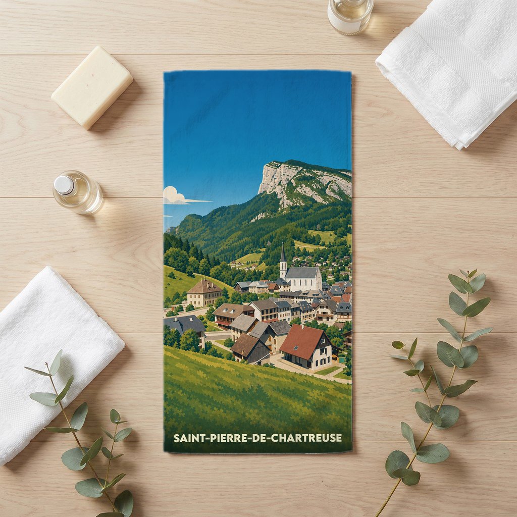 Serviette de bain souvenir de Saint-Pierre-de-Chartreuse illustrée d'un paysage montagneux pittoresque.