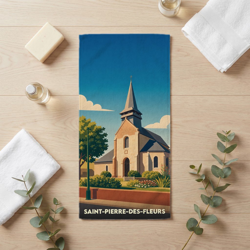 Serviette de bain souvenir de Saint-Pierre-des-Fleurs avec une illustration stylisée de son église.