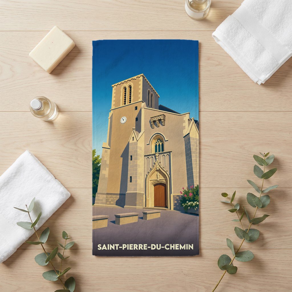 Serviette de bain souvenir de Saint-Pierre-du-Chemin illustrée par une église au style graphique.