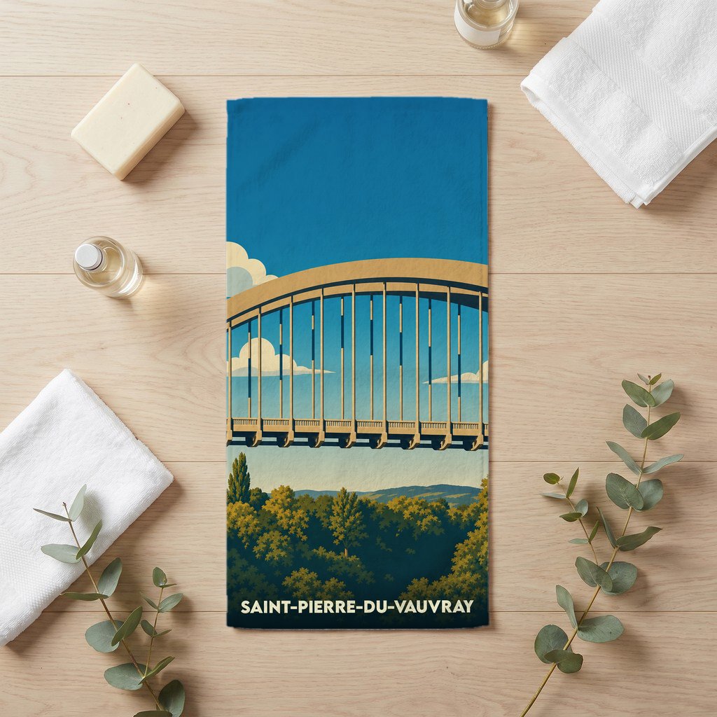 Serviette de bain souvenir de Saint-Pierre-du-Vauvray avec une illustration stylisée de son pont en arc.