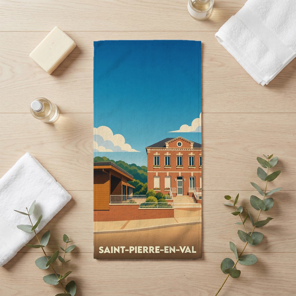 Serviette de bain souvenir de la ville de Saint-Pierre-en-Val avec une illustration stylisée.