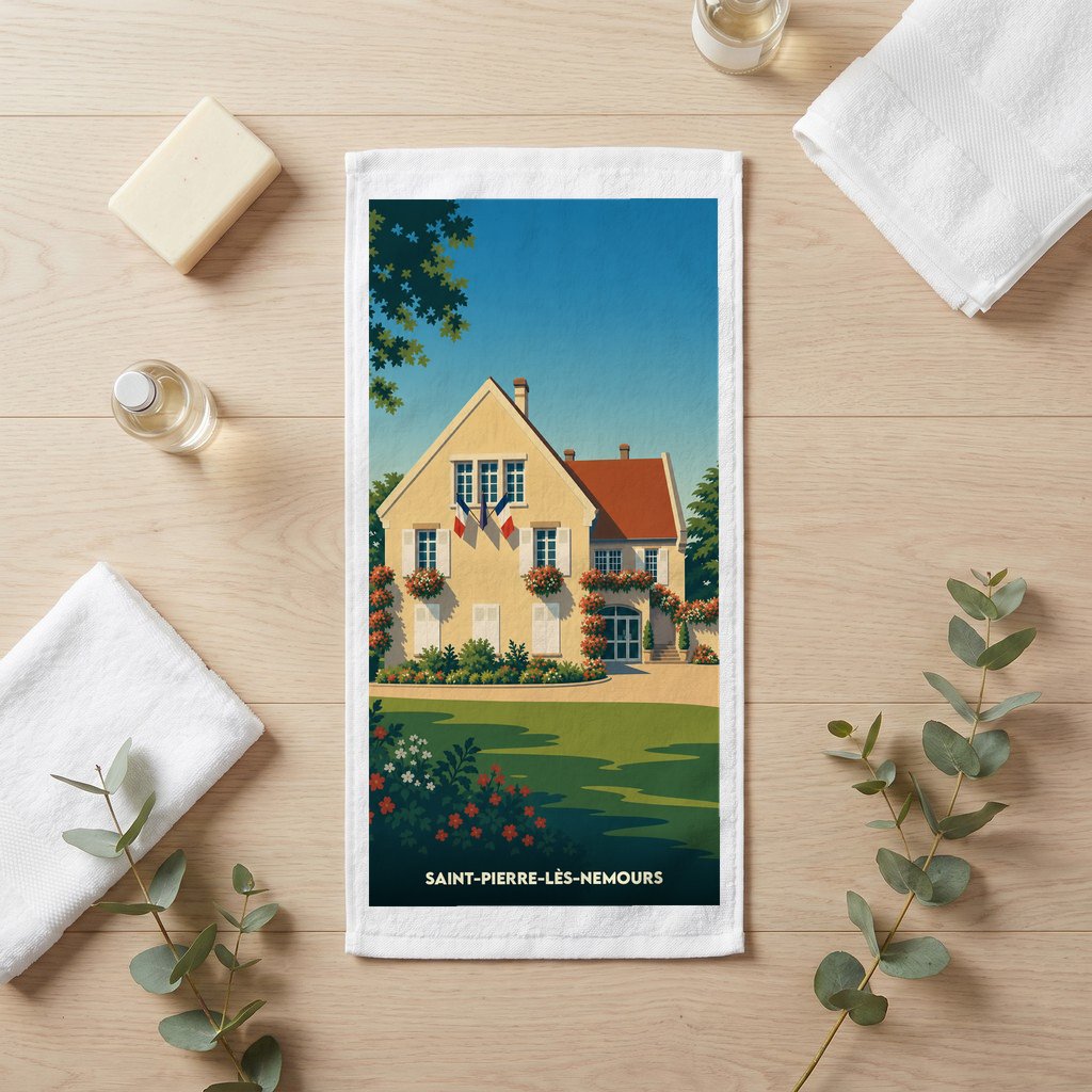 Serviette de bain souvenir de Saint-Pierre-lès-Nemours avec une illustration stylisée d'une maison fleurie.