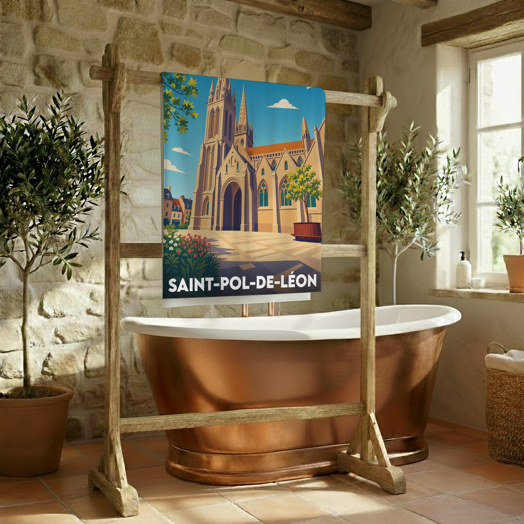 Serviette de bain souvenir de Saint-Pol-de-Léon avec une illustration stylisée de sa cathédrale.