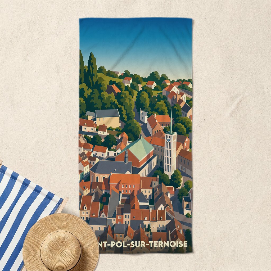 Serviette de bain souvenir de la ville de Saint-Pol-sur-Ternoise avec une illustration stylisée.