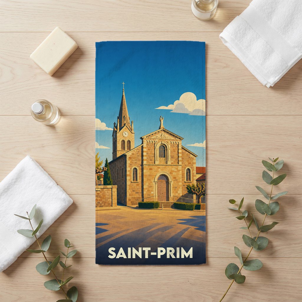 Serviette de bain souvenir de la ville de Saint-Prim avec une illustration stylisée de son église.