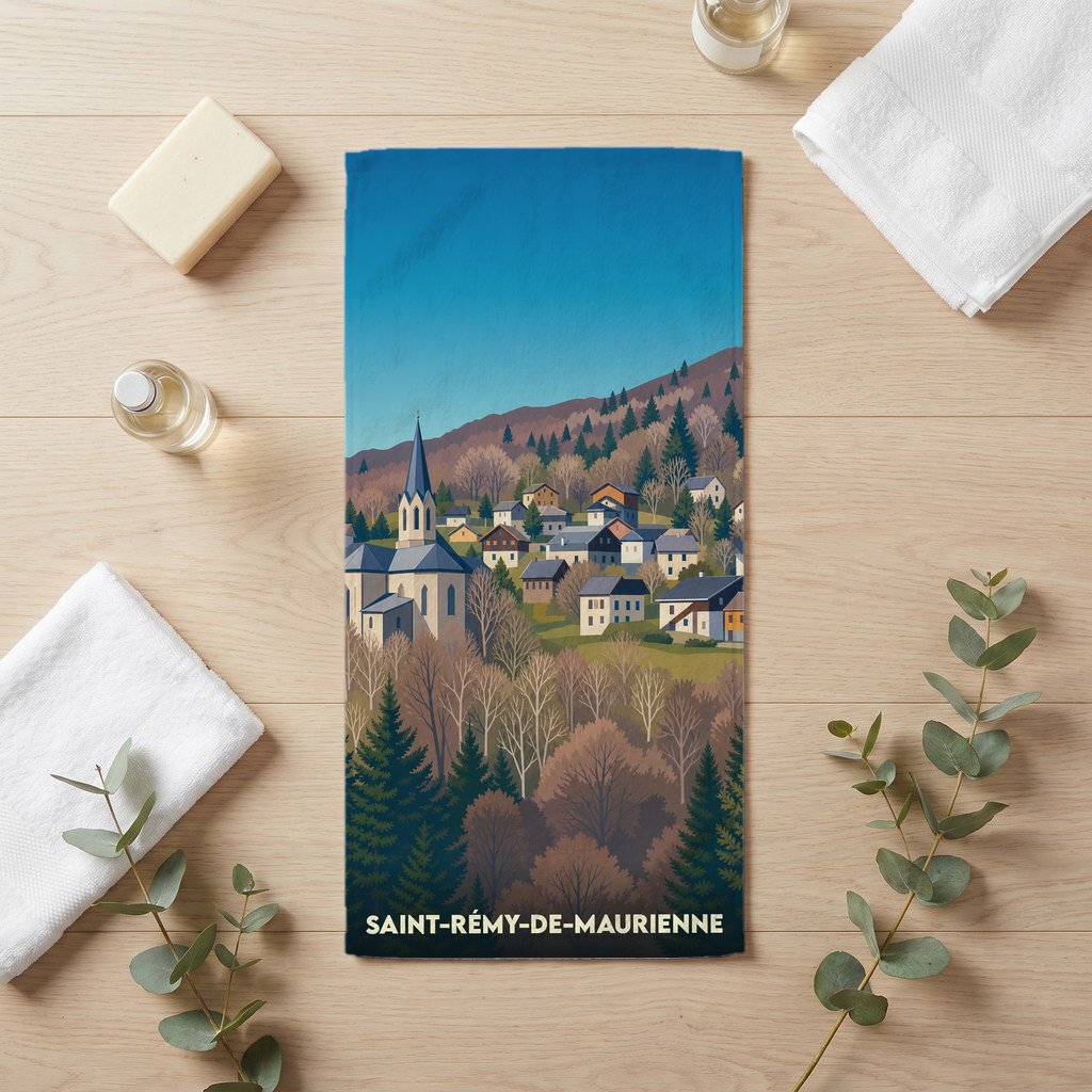 Serviette de bain souvenir de la ville de Saint-Rémy-de-Maurienne avec une illustration stylisée.