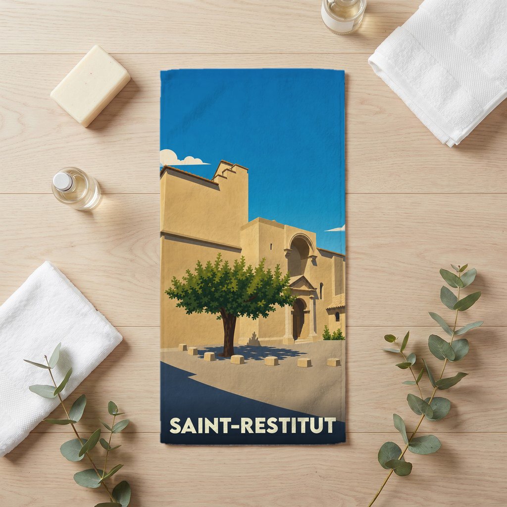 Serviette de bain souvenir de la ville de Saint-Restitut avec une illustration stylisée.