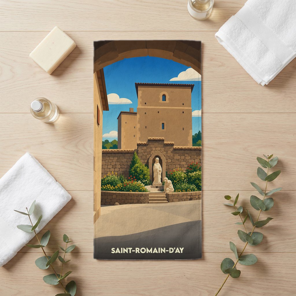 Serviette de bain souvenir de Saint-Romain-d'Ay avec une illustration stylisée d'un village médiéval.