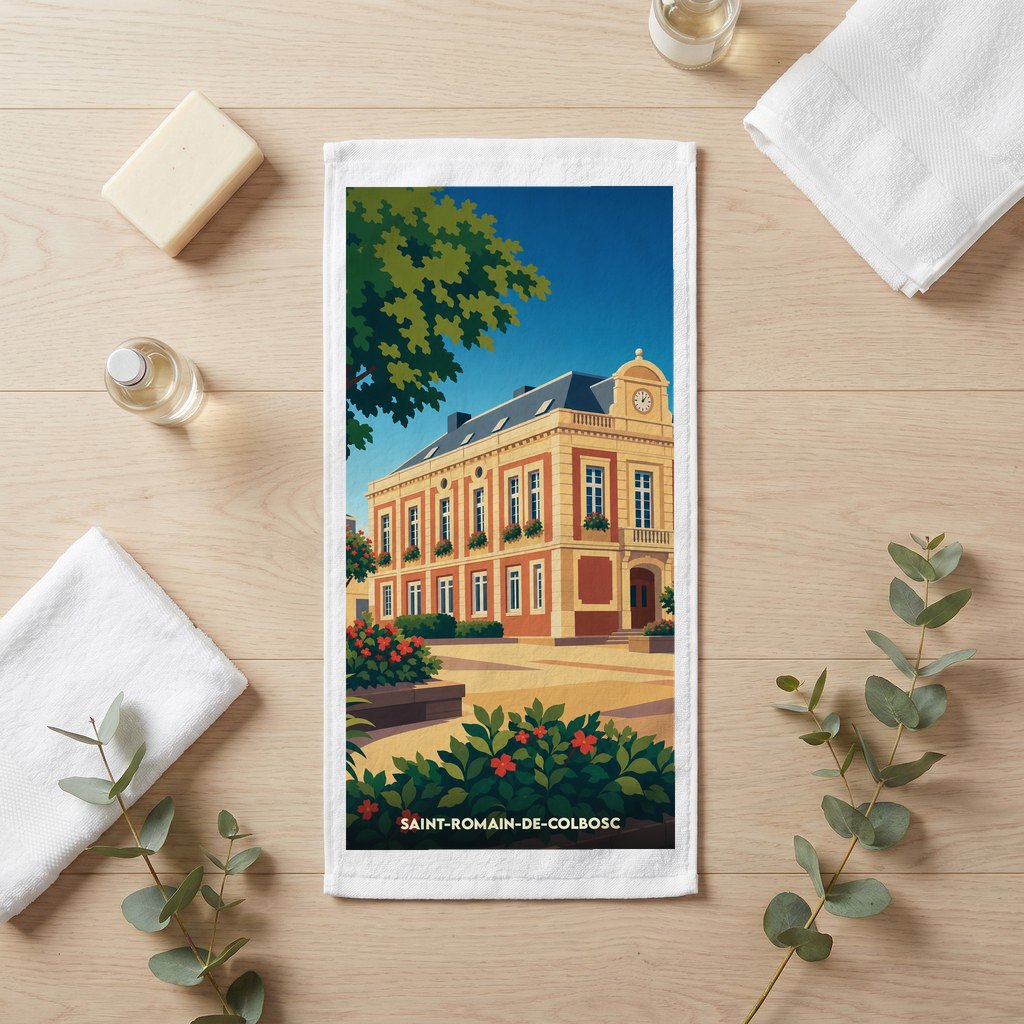 Serviette de bain souvenir de la ville de Saint-Romain-de-Colbosc avec une illustration stylisée de sa mairie.