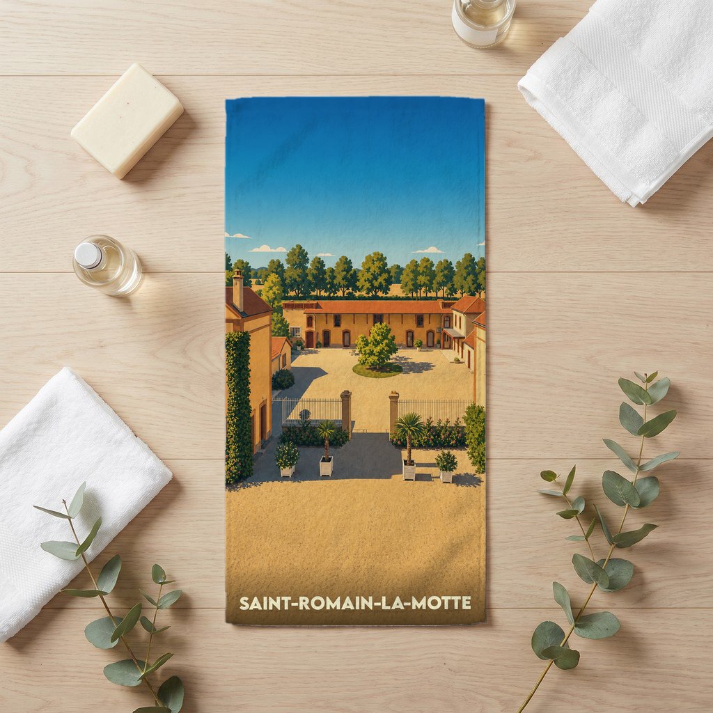 Serviette de bain souvenir de la ville de Saint-Romain-la-Motte avec une illustration stylisée.