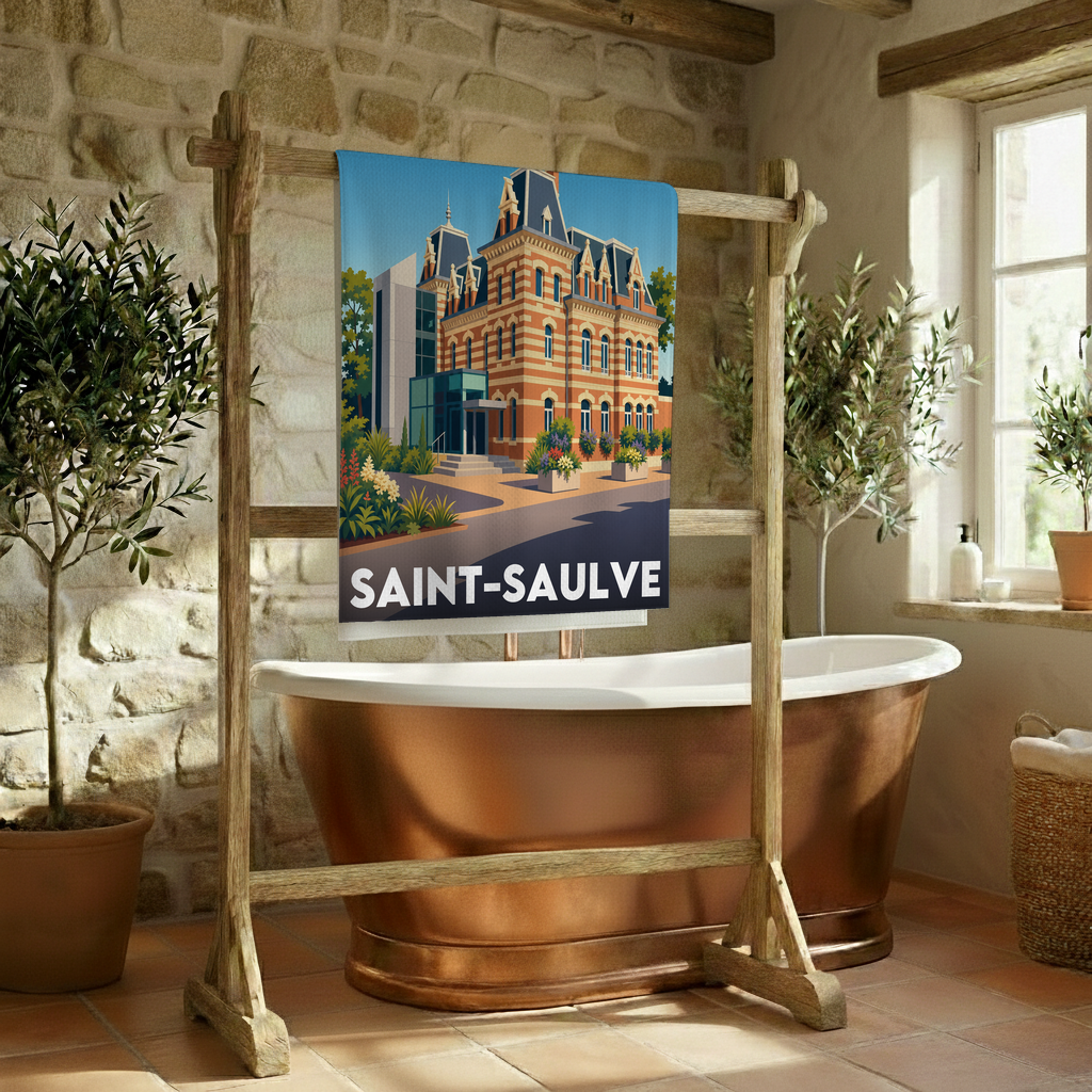 Serviette de bain souvenir de la ville de Saint-Saulve avec une illustration stylisée.