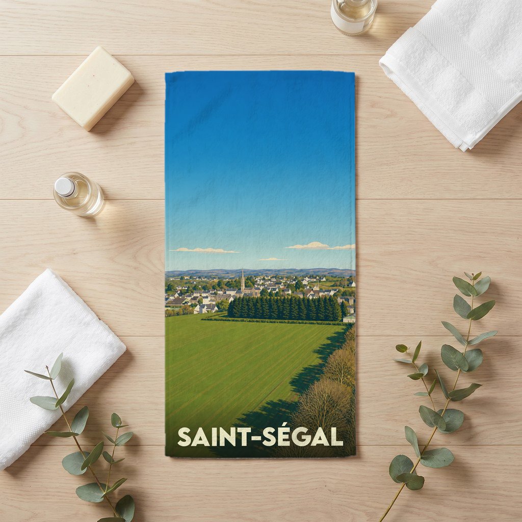 Serviette de bain souvenir de la ville de Saint-Ségal avec une illustration paysagère stylisée.