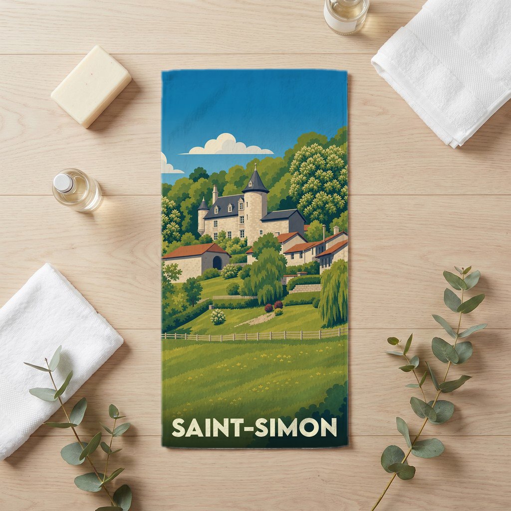 Serviette de bain souvenir de la ville de Saint-Simon avec une illustration stylisée d'un château.