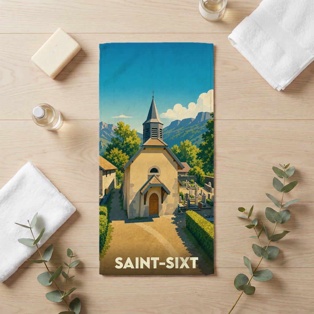 Serviette de bain souvenir de la ville de Saint-Sixt illustrée d'une église de montagne stylisée.