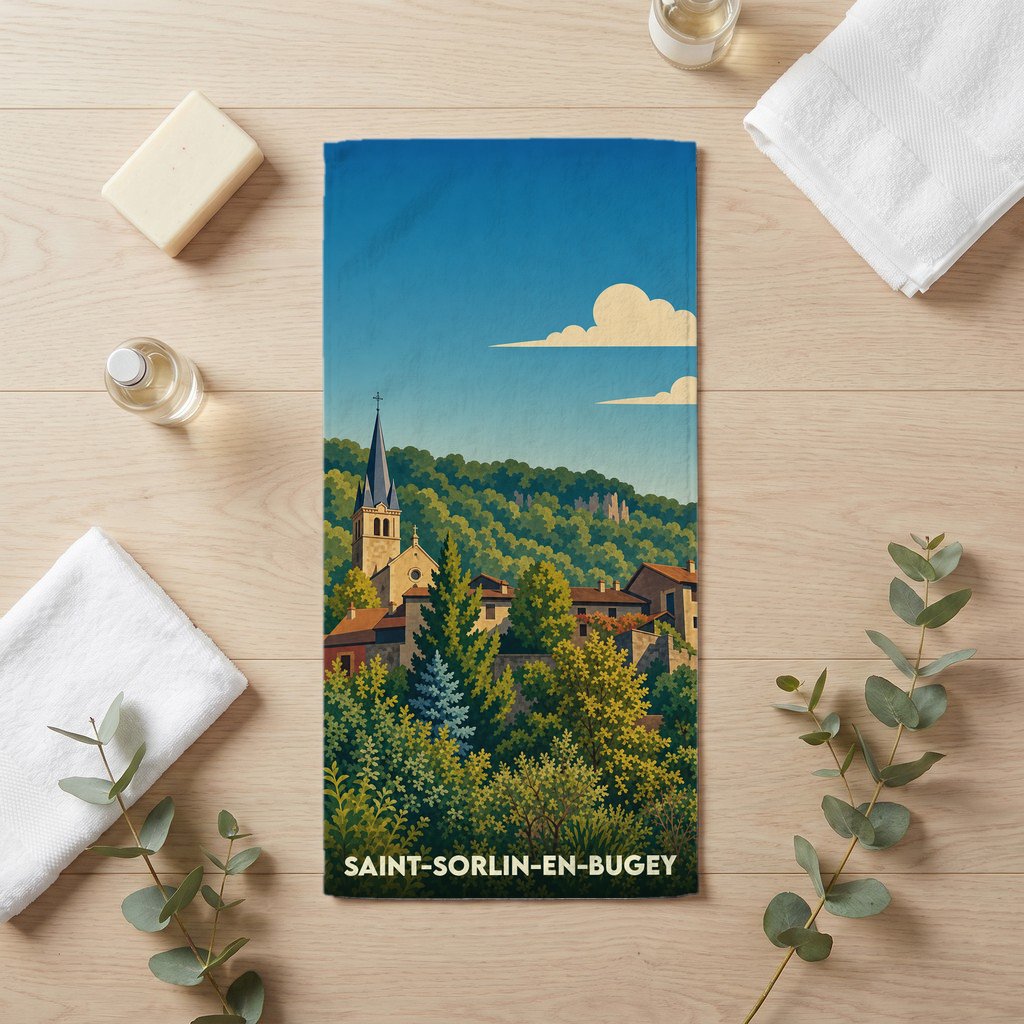 Serviette de bain souvenir de Saint-Sorlin-en-Bugey avec une illustration stylisée du village et de son église.