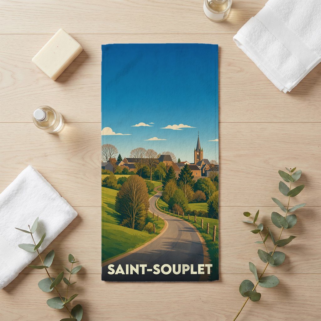 Serviette de bain souvenir de la ville de Saint-Souplet avec une illustration stylisée.