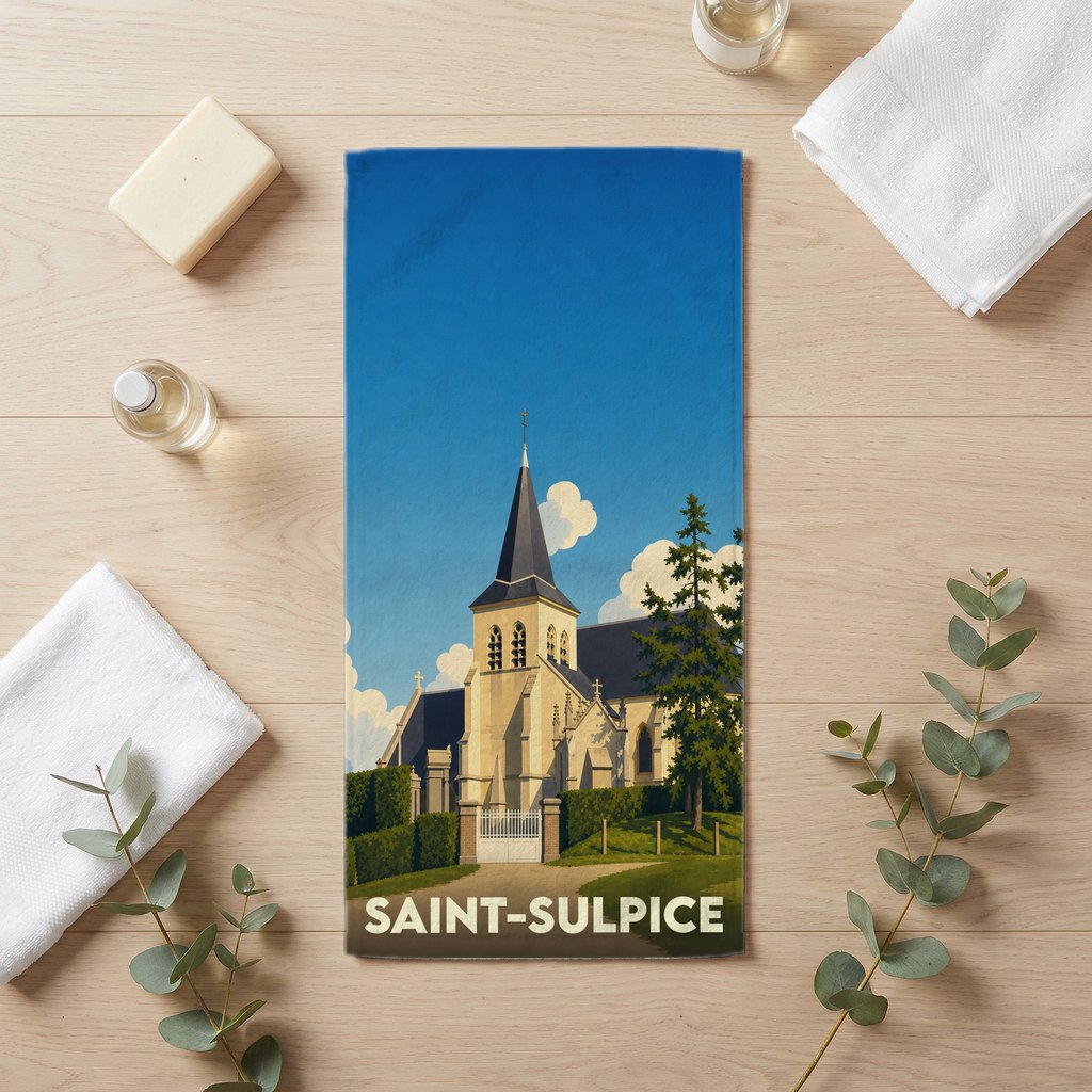 Serviette de bain souvenir de la ville de Saint-Sulpice avec une illustration stylisée de son église.