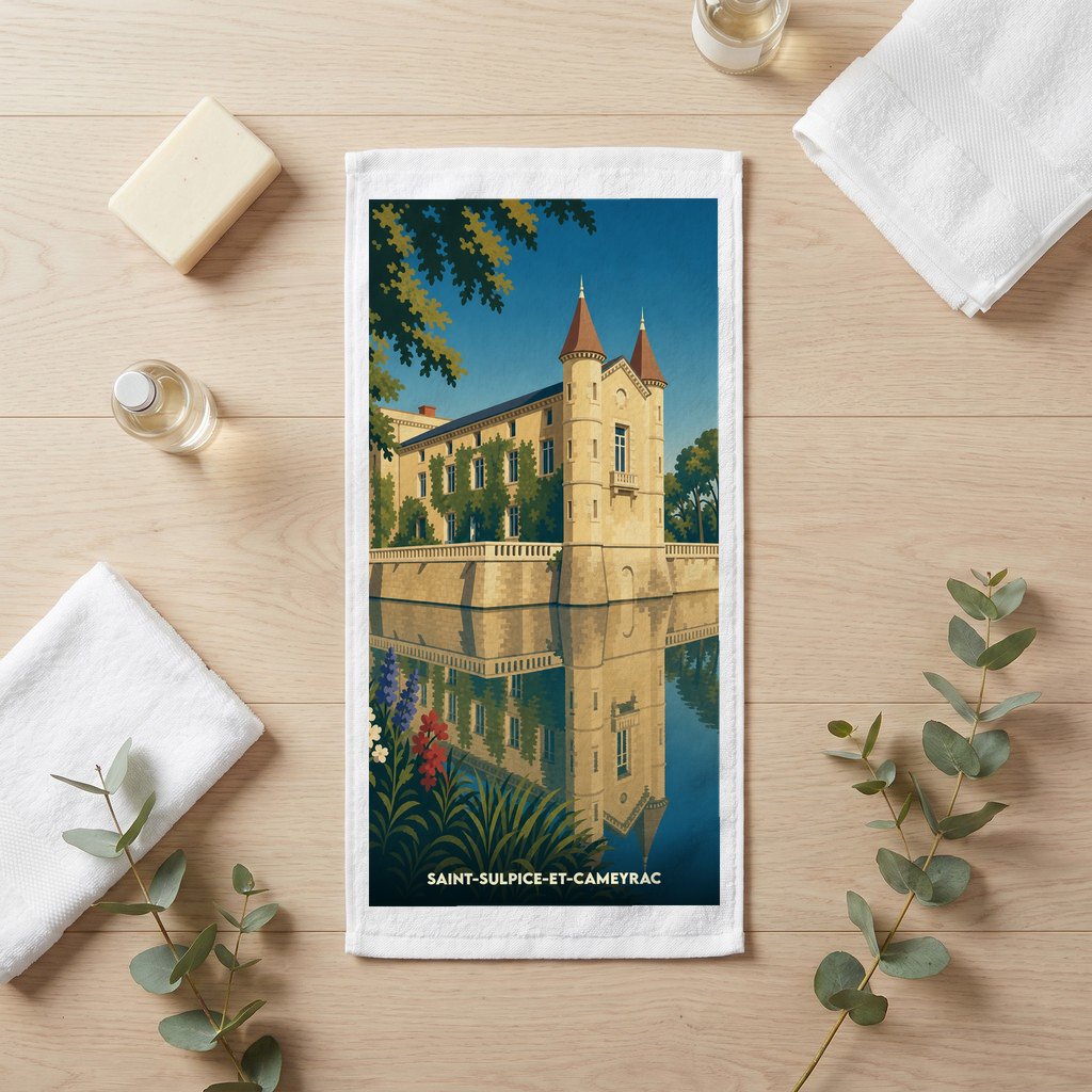 Serviette de toilette souvenir de la ville de Saint-Sulpice-et-Cameyrac avec une illustration stylisée d'un château se reflétant dans l'eau.